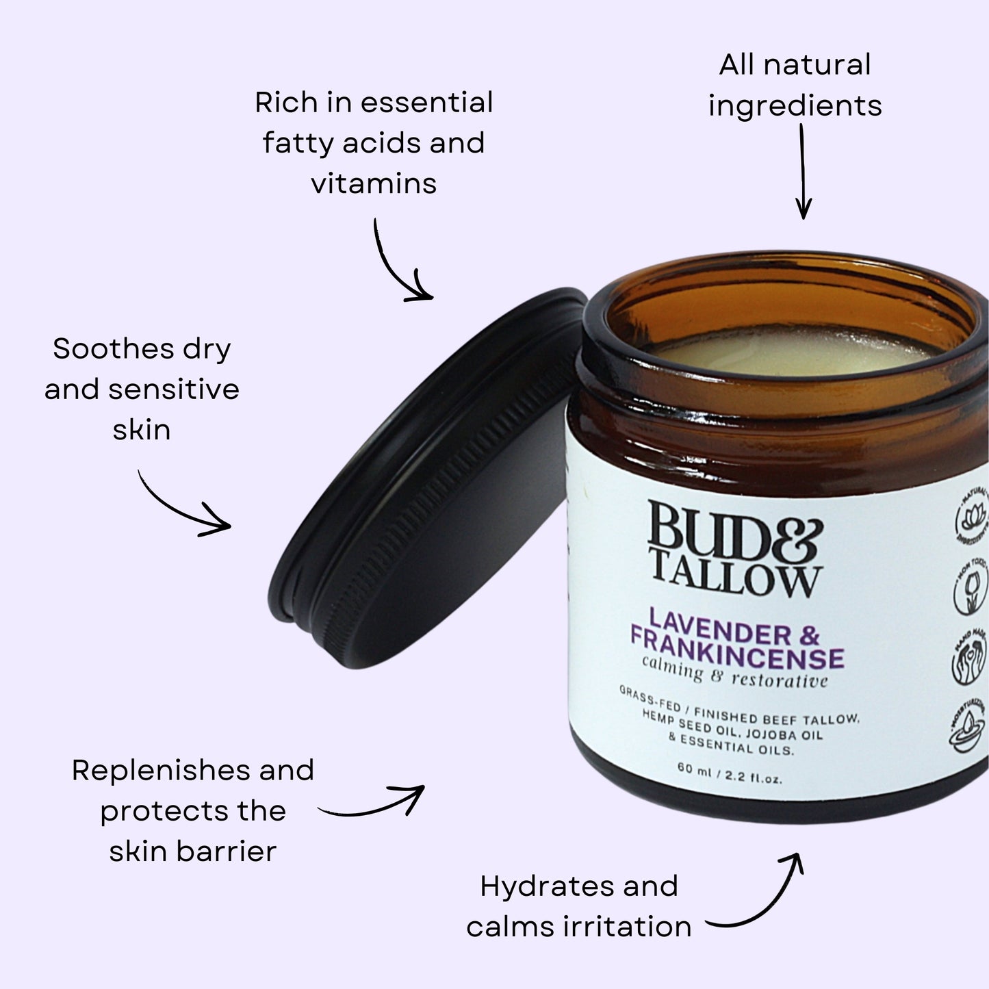 Bud & Tallow lavender and frankincense product jar with text highlighting benefits on a light purple background