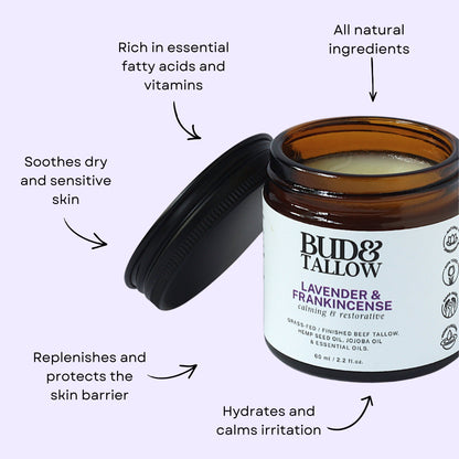 Bud & Tallow lavender and frankincense product jar with text highlighting benefits on a light purple background