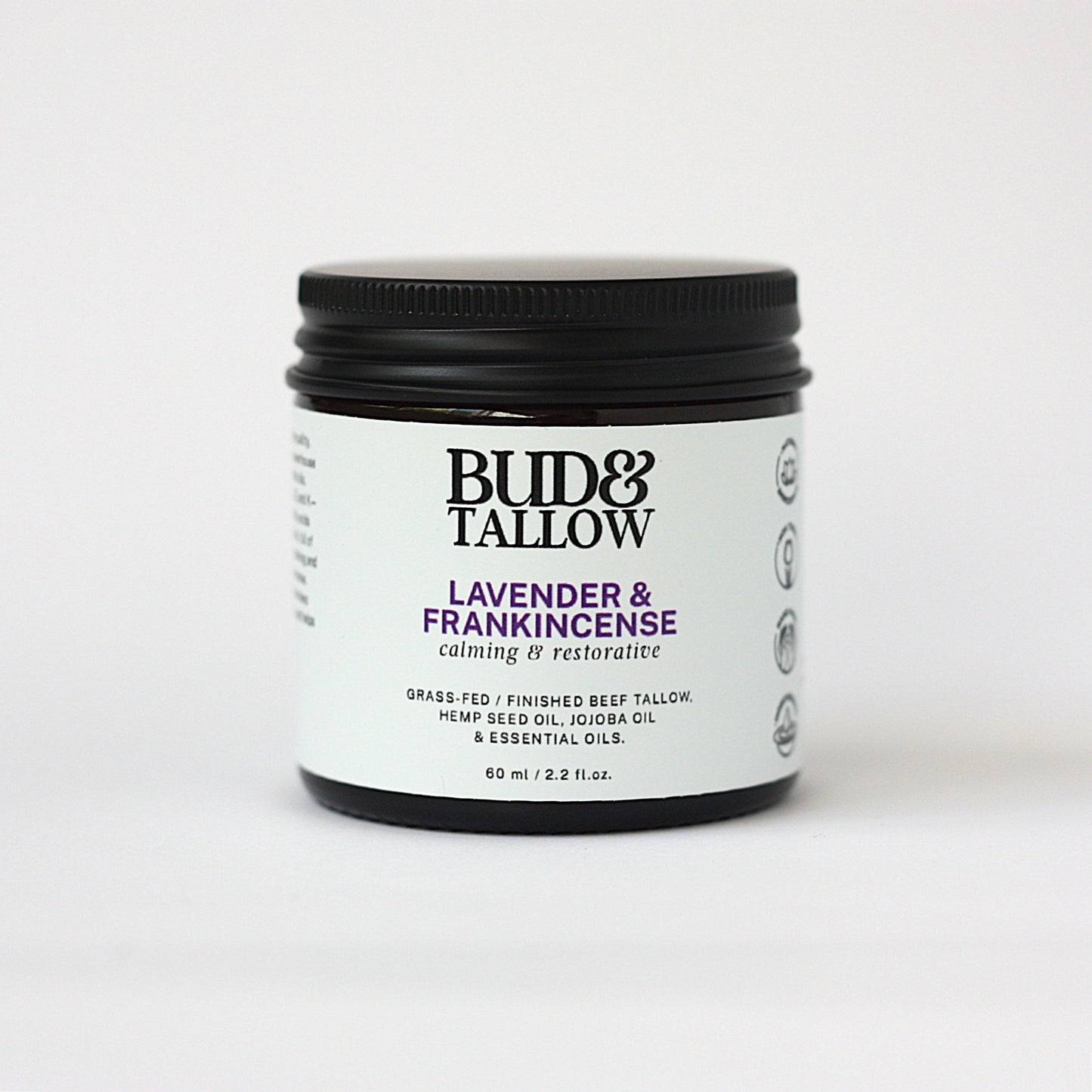 Bud & Tallow lavender and frankincense product jar on a white background