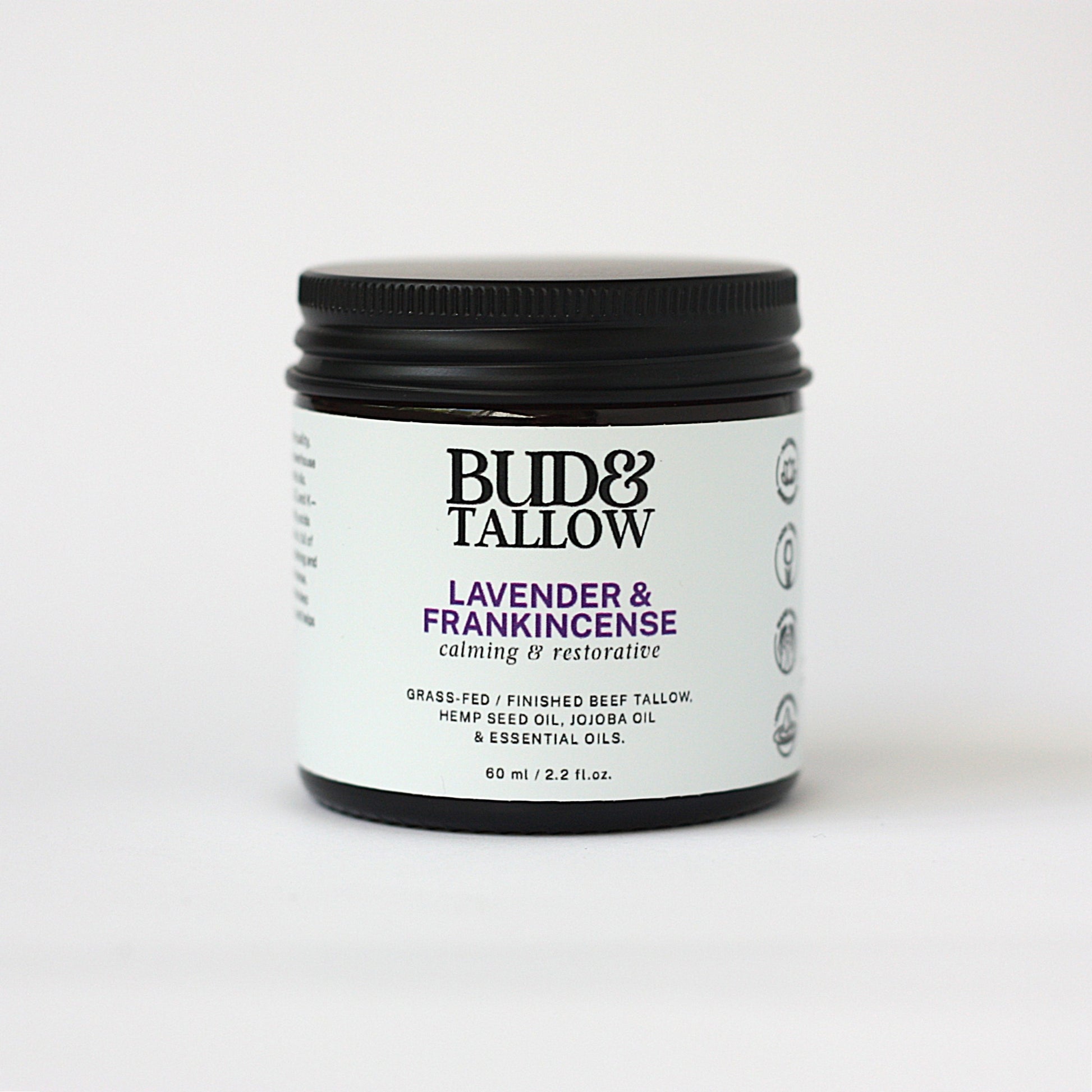 Bud & Tallow lavender and frankincense product jar on a white background