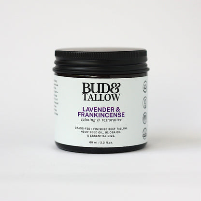 Bud & Tallow lavender and frankincense product jar on a white background