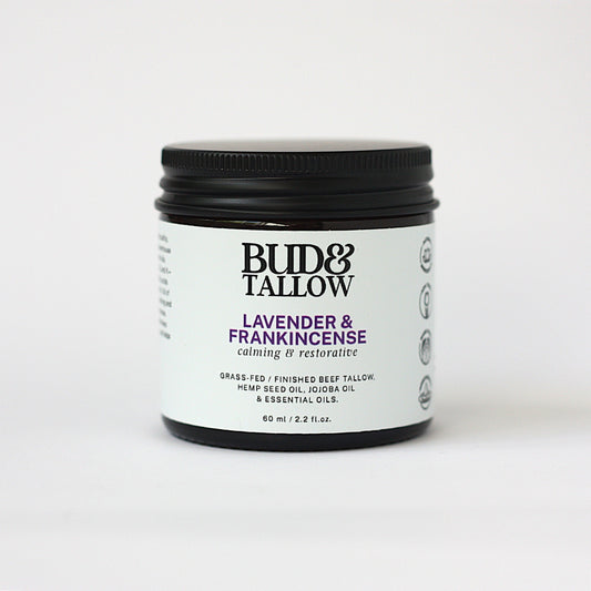 Bud & Tallow lavender and frankincense product jar on a white background