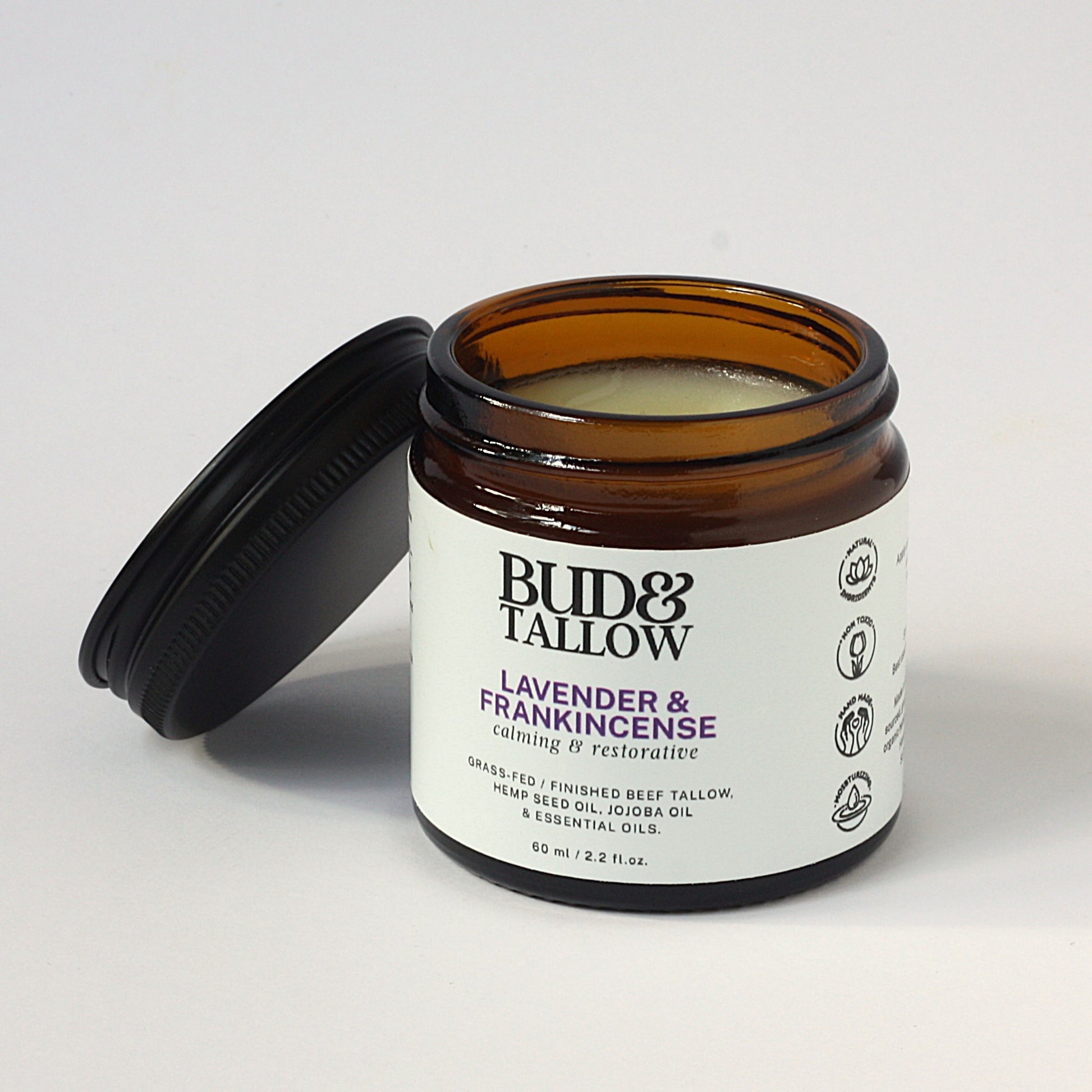 Jar of Bud & Tallow lavender and frankincense product on a white background