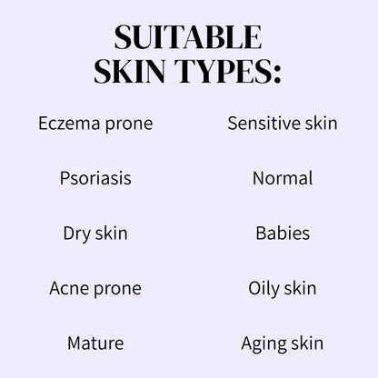 List of suitable skin types on a light purple background