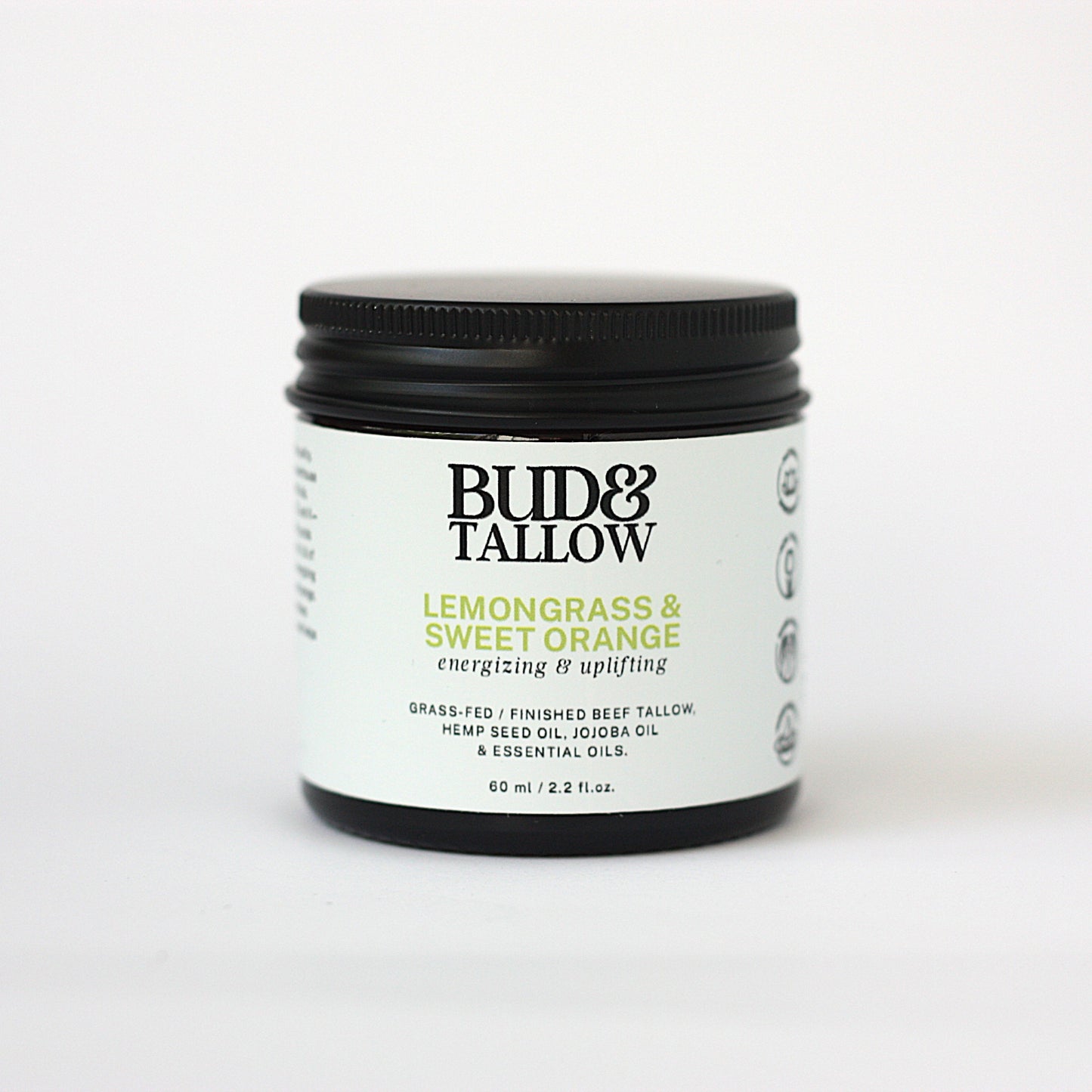 Bud & Tallow lemongrass and sweet orange product jar on a white background