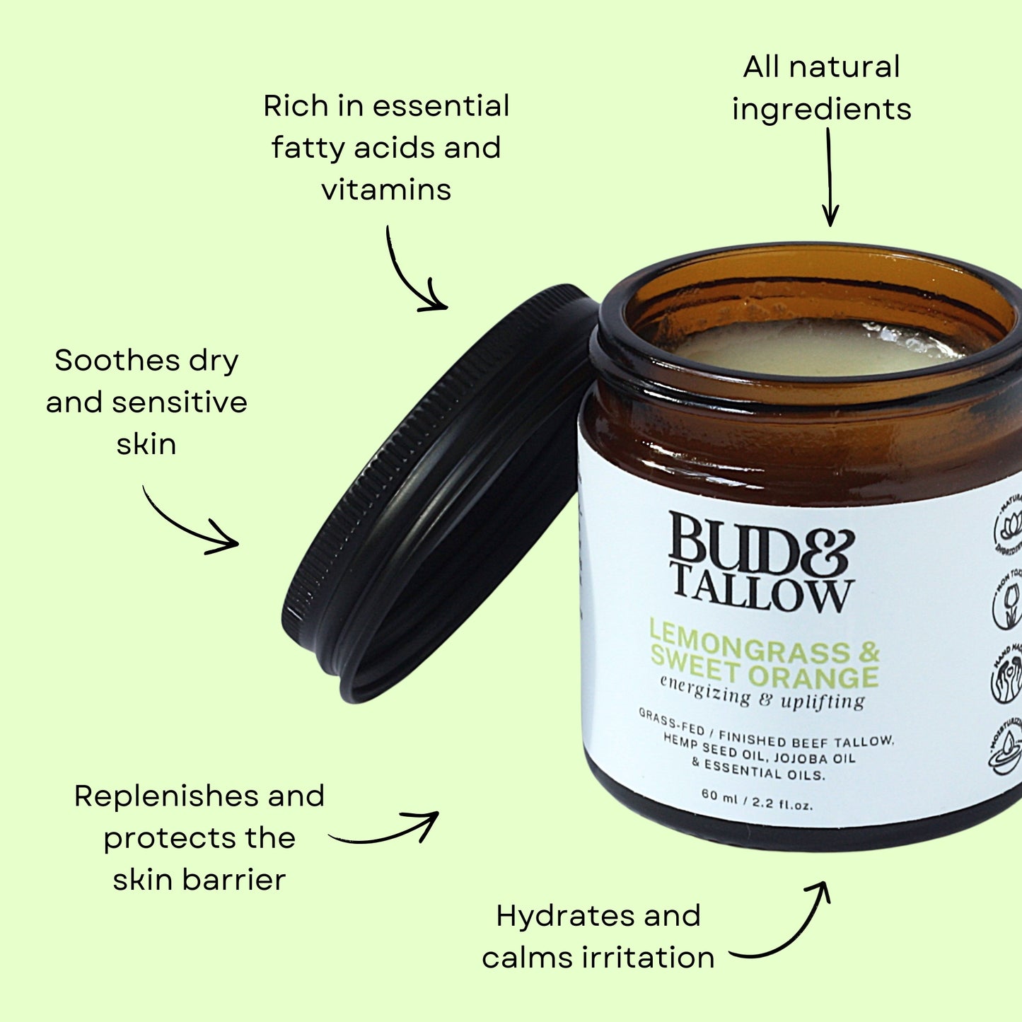 Bud & Tallow lemongrass and sweet orange product jar with text highlighting benefits on a light green background