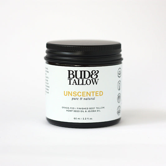 Bud & Tallow unscented product jar on a white background