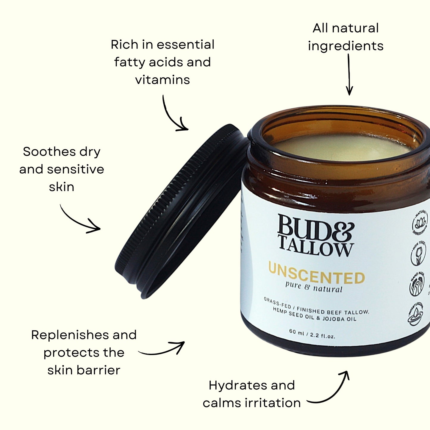 Jar of Bud & Tallow unscented balm with text highlighting its benefits on a cream background