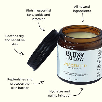 Jar of Bud & Tallow unscented balm with text highlighting its benefits on a cream background